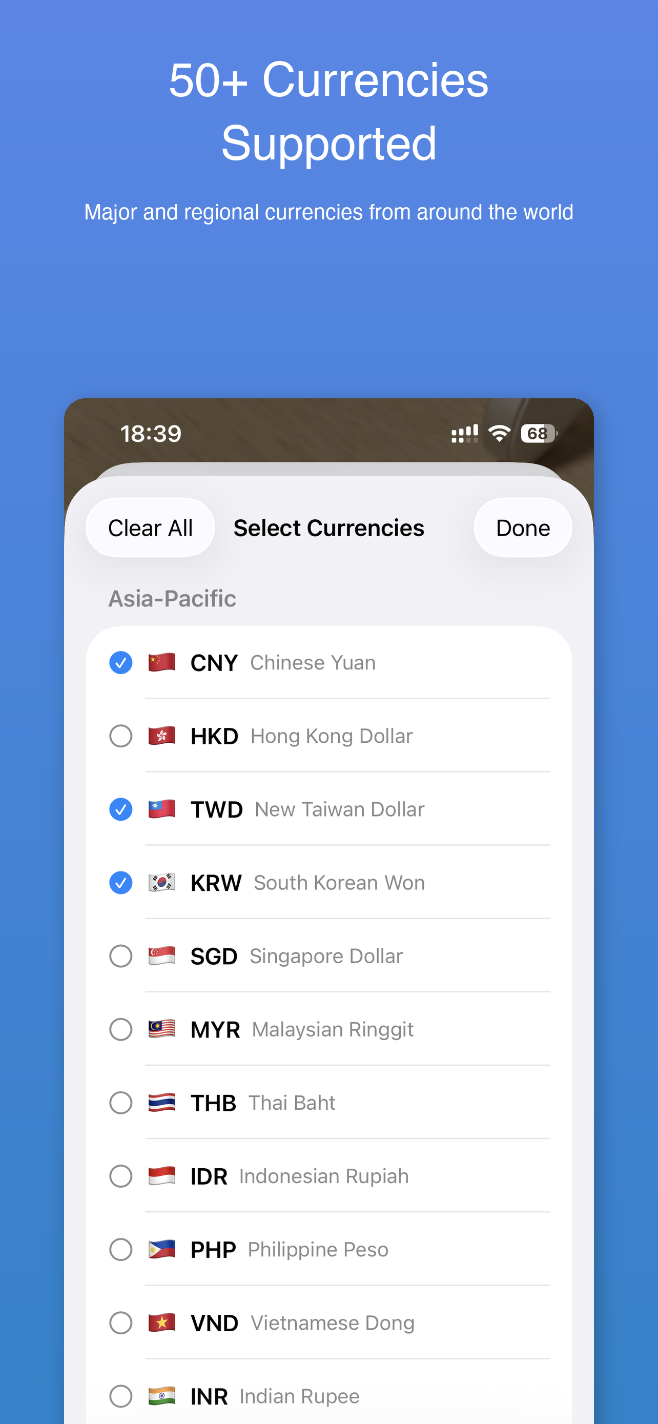 50+ Currencies